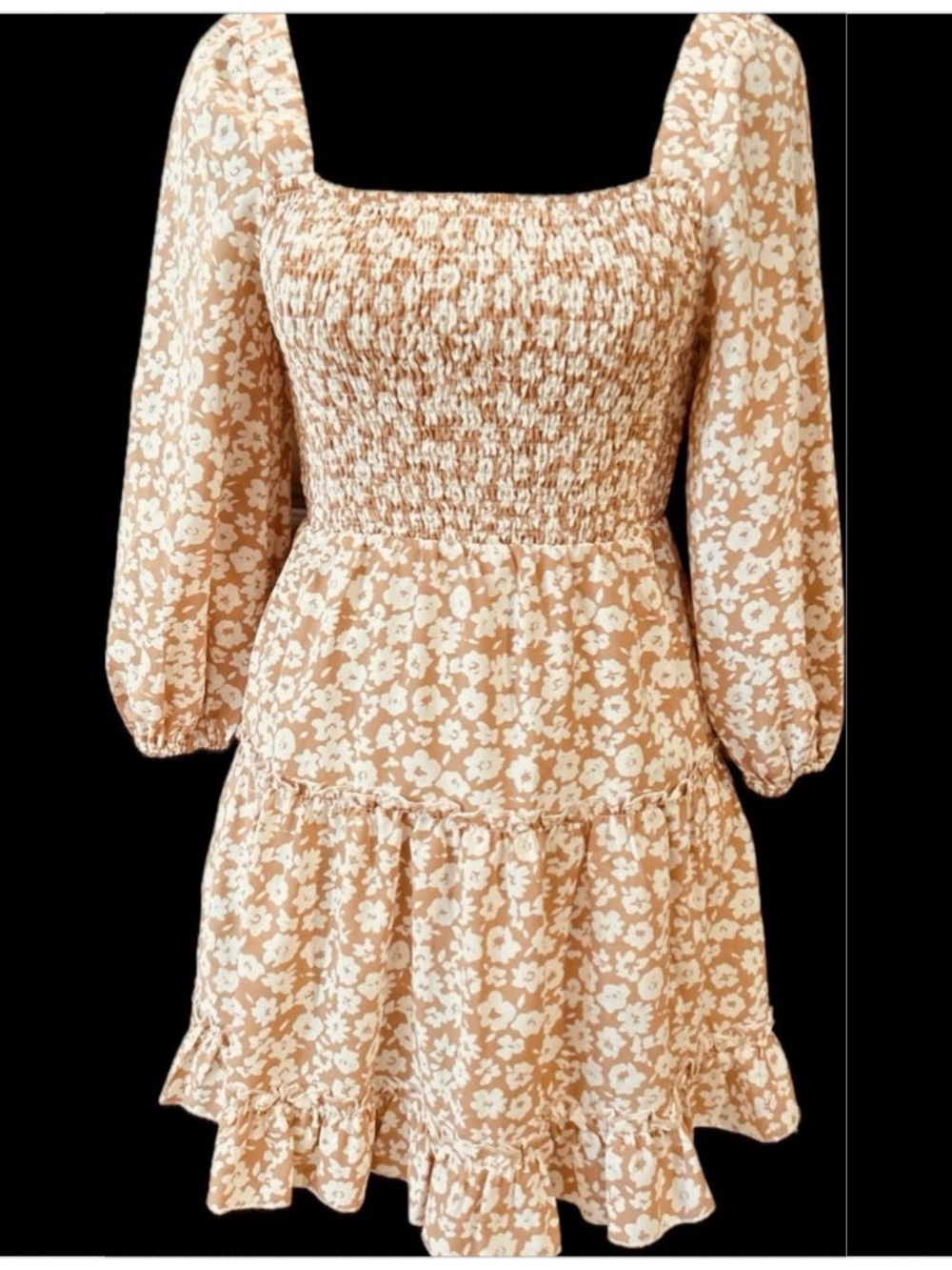 Pink Lily Beige & White Floral Smocked Mini Dress